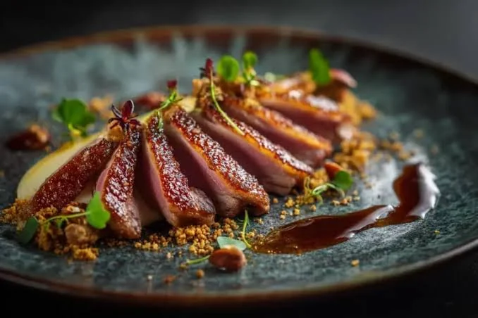 Sliced glazed duck breast with crumb, herbs and a dark jus on a stone-grey plate
