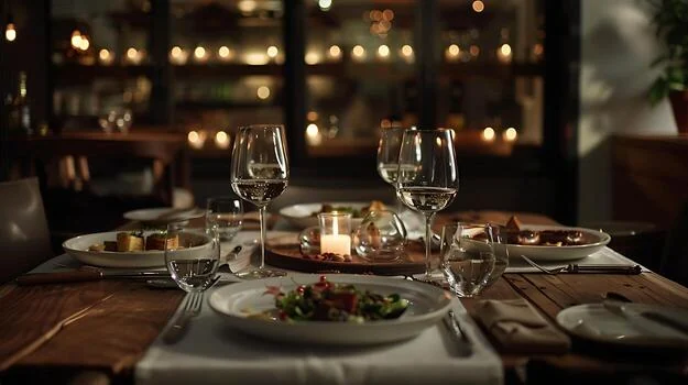 Candlelit dining table set with wine glasses, linen napkins and plates, shelves of warm lights behind